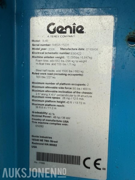 2008 Genie S-45 Teleskopisk bomlift - 4x4 - Подъёмник: фото 4 2008 Genie S-45 Teleskopisk bomlift - 4x4 - Подъёмник: фото 4