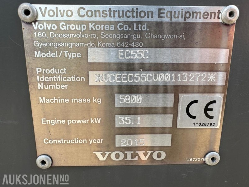Экскаватор 2015 Volvo EC55C GRAVEMASKIN MED KUN 1556 TIMER PÅ TELLEREN: фото 10