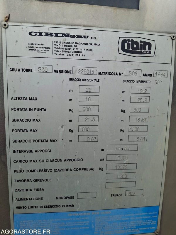 GRUE A MONTAGE RAPIDE CIBIN S30 1994 AVEC CONTREPOIDS - Быстромонтируемый башенный кран: фото 3 GRUE A MONTAGE RAPIDE CIBIN S30 1994 AVEC CONTREPOIDS - Быстромонтируемый башенный кран: фото 3