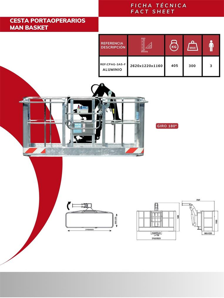 Self-leveling aluminum man basket 180º CPAG-3A5-F - Навесное оборудование для Кранов-манипуляторов: фото 4 Self-leveling aluminum man basket 180º CPAG-3A5-F - Навесное оборудование для Кранов-манипуляторов: фото 4
